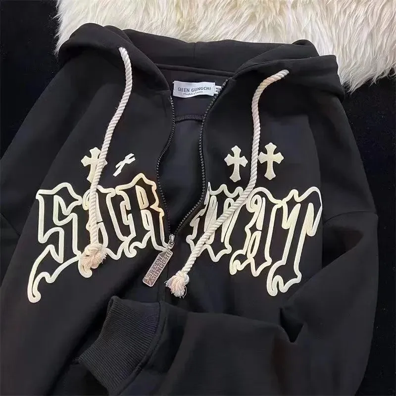 Getadme Goth Embroidery Hoodies Women High Street Harajuku Retro Hip Hop Zip Up Hoodie Loose Man Sweatshirt Hoodie Clothes Y2K Hoodie