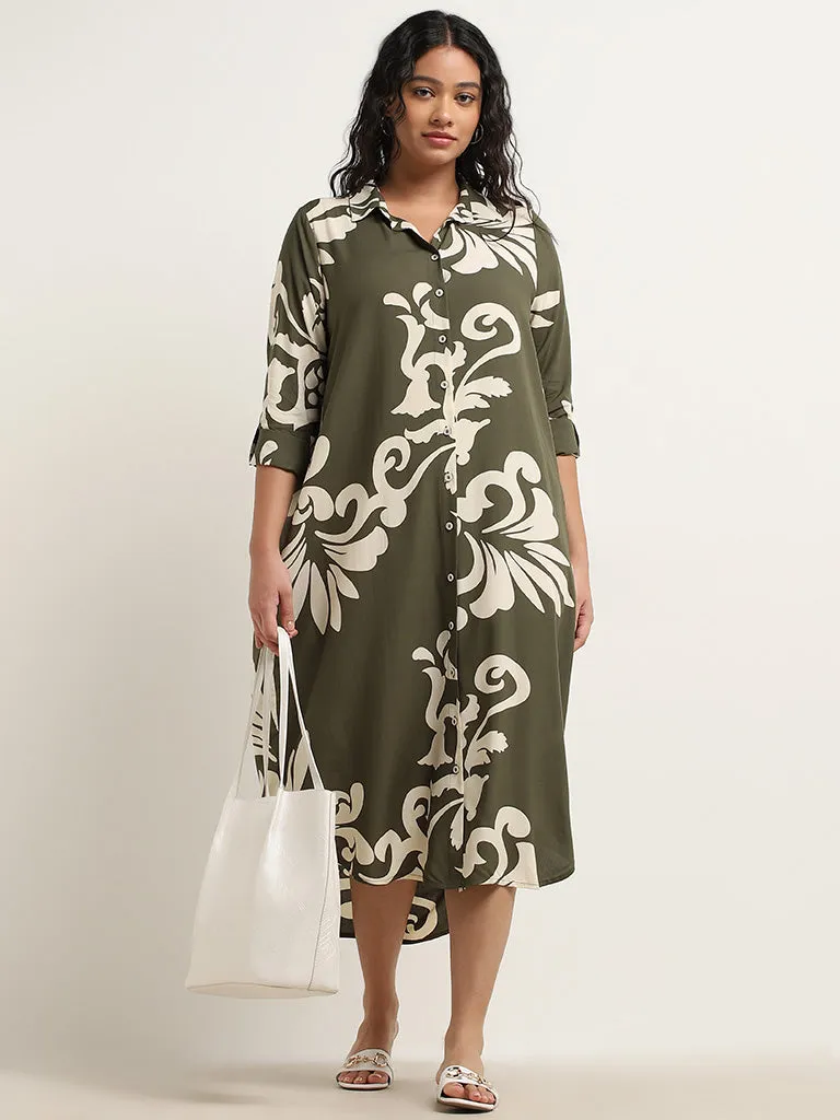 Gia Olive Printed High-Low Shirt Dress