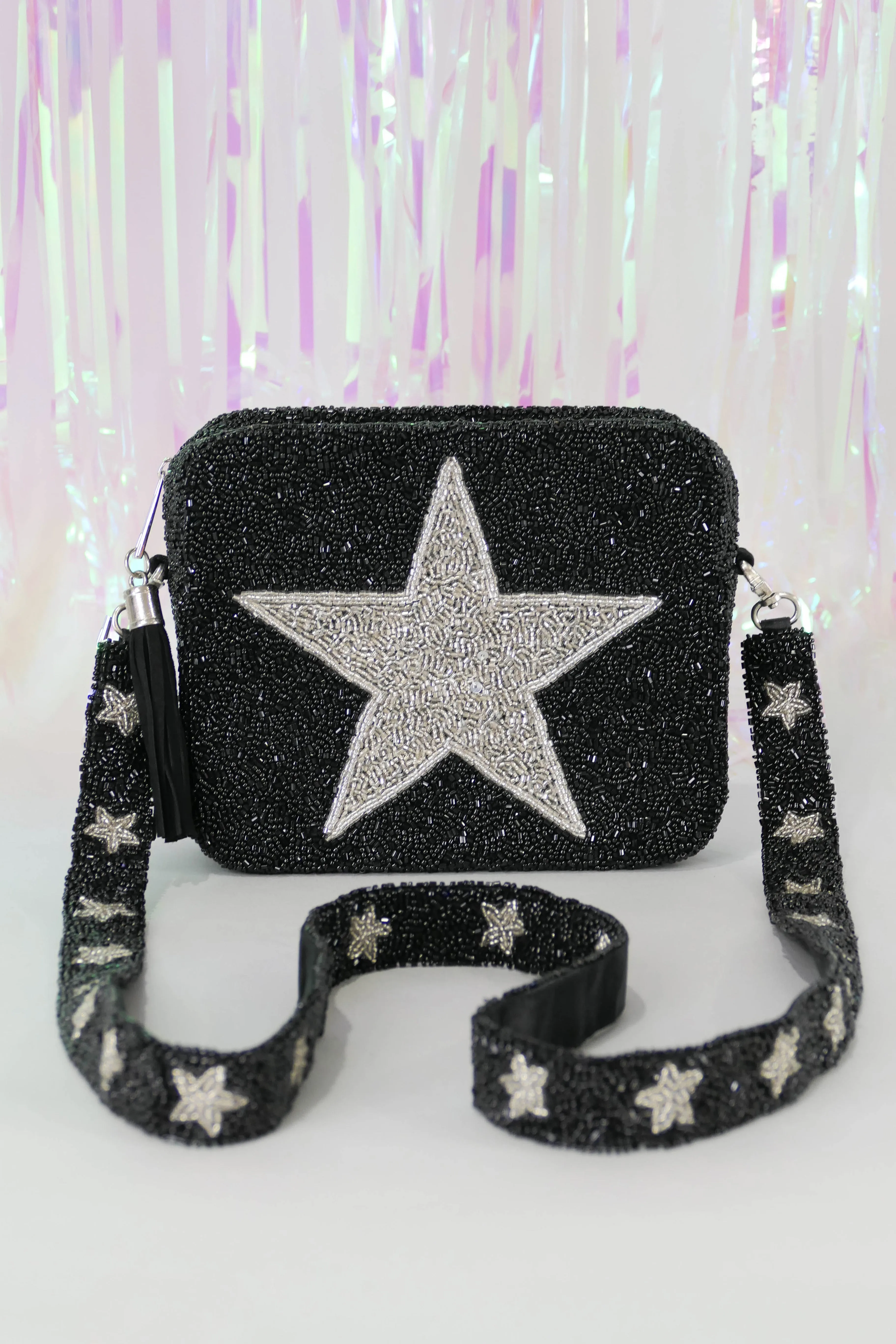 Glamfox - Black & Silver Star Beaded Crossbody