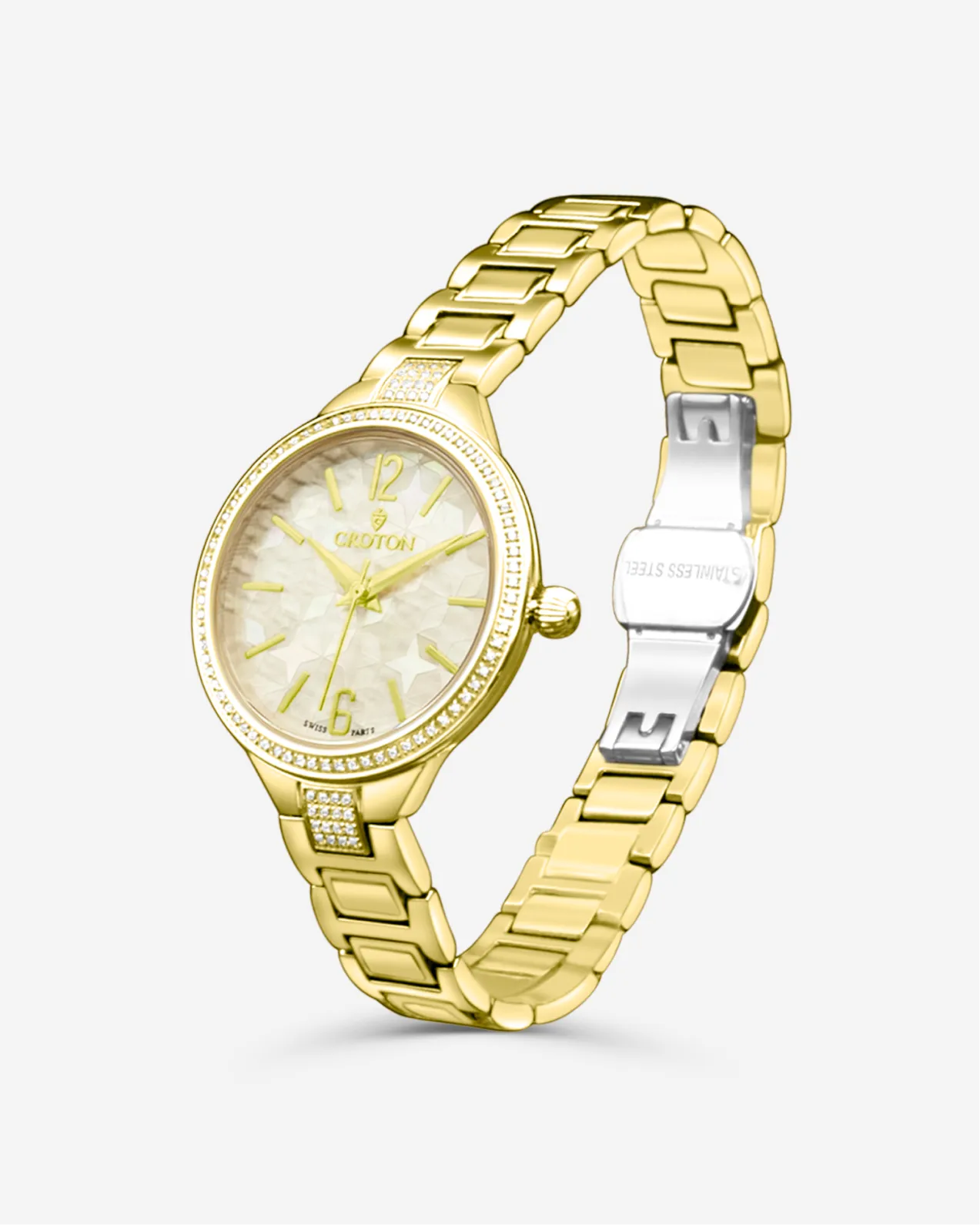 Goldtone Swiss Quartz Watch with White Topaz Bezel & Mosaic Mother of Pearl Dial