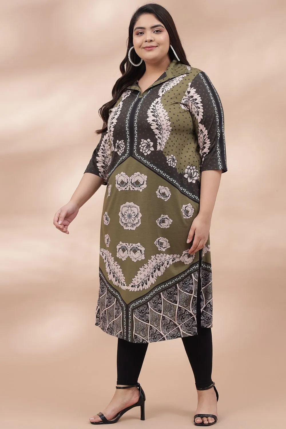 Green Black Geometric Play Collar Kurti