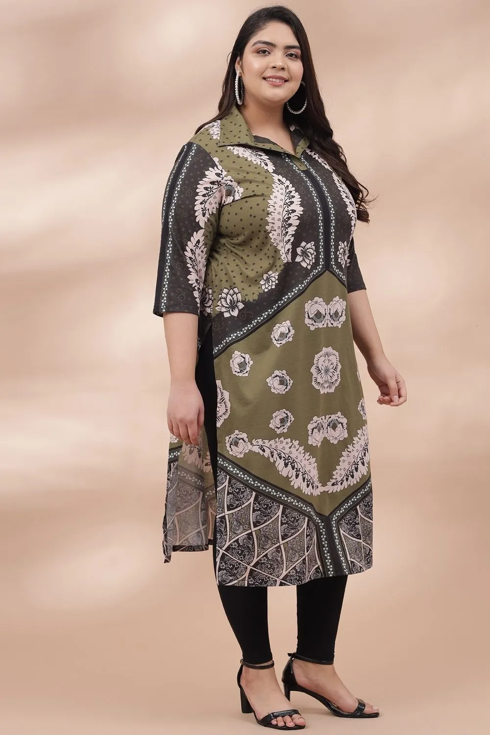 Green Black Geometric Play Collar Kurti