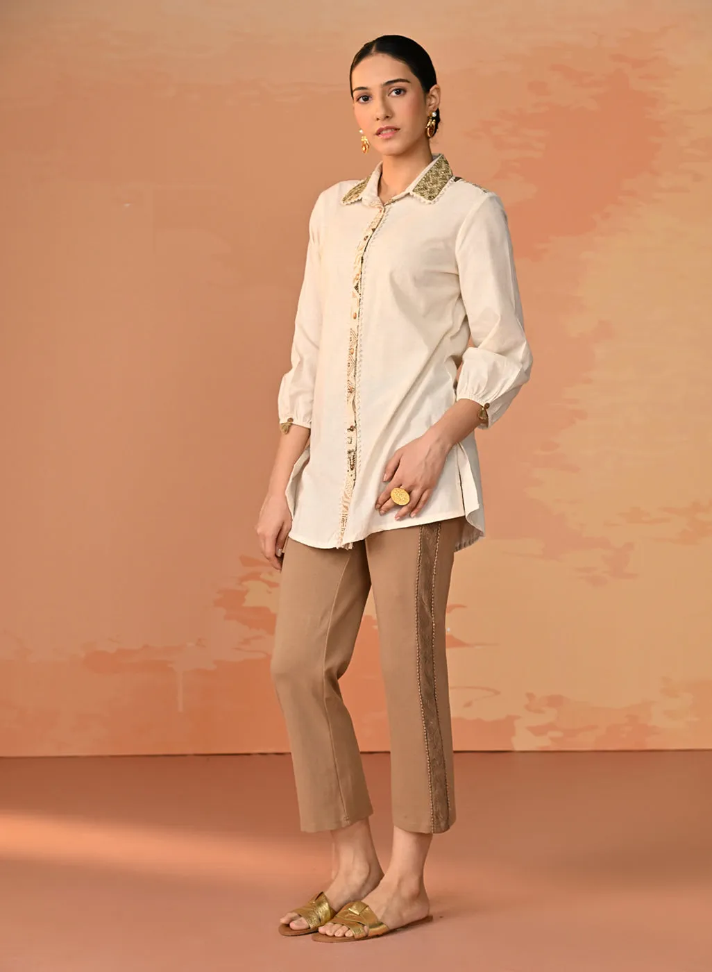 Gursheen Olive Embroidered Khadi Cotton Shirt for Women