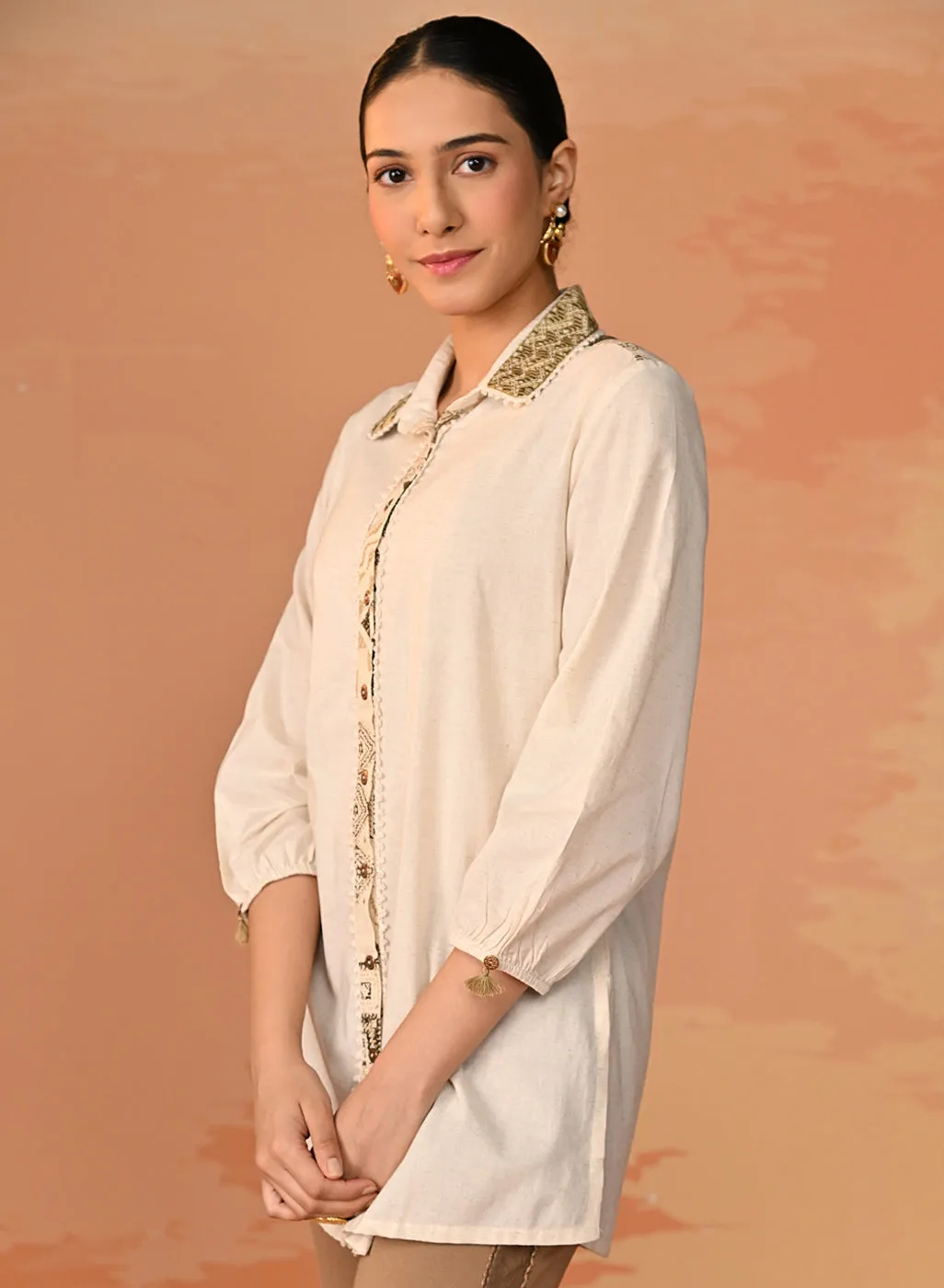 Gursheen Olive Embroidered Khadi Cotton Shirt for Women