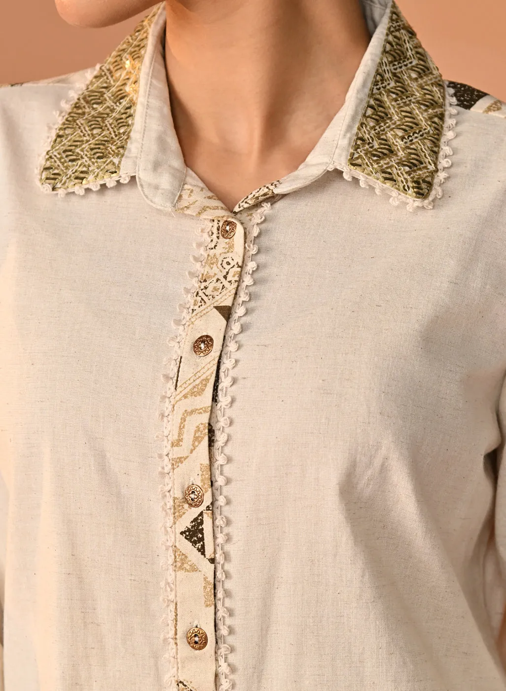 Gursheen Olive Embroidered Khadi Cotton Shirt for Women