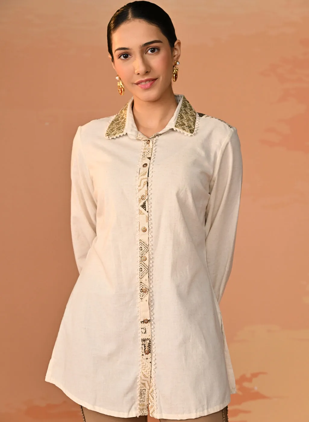 Gursheen Olive Embroidered Khadi Cotton Shirt for Women