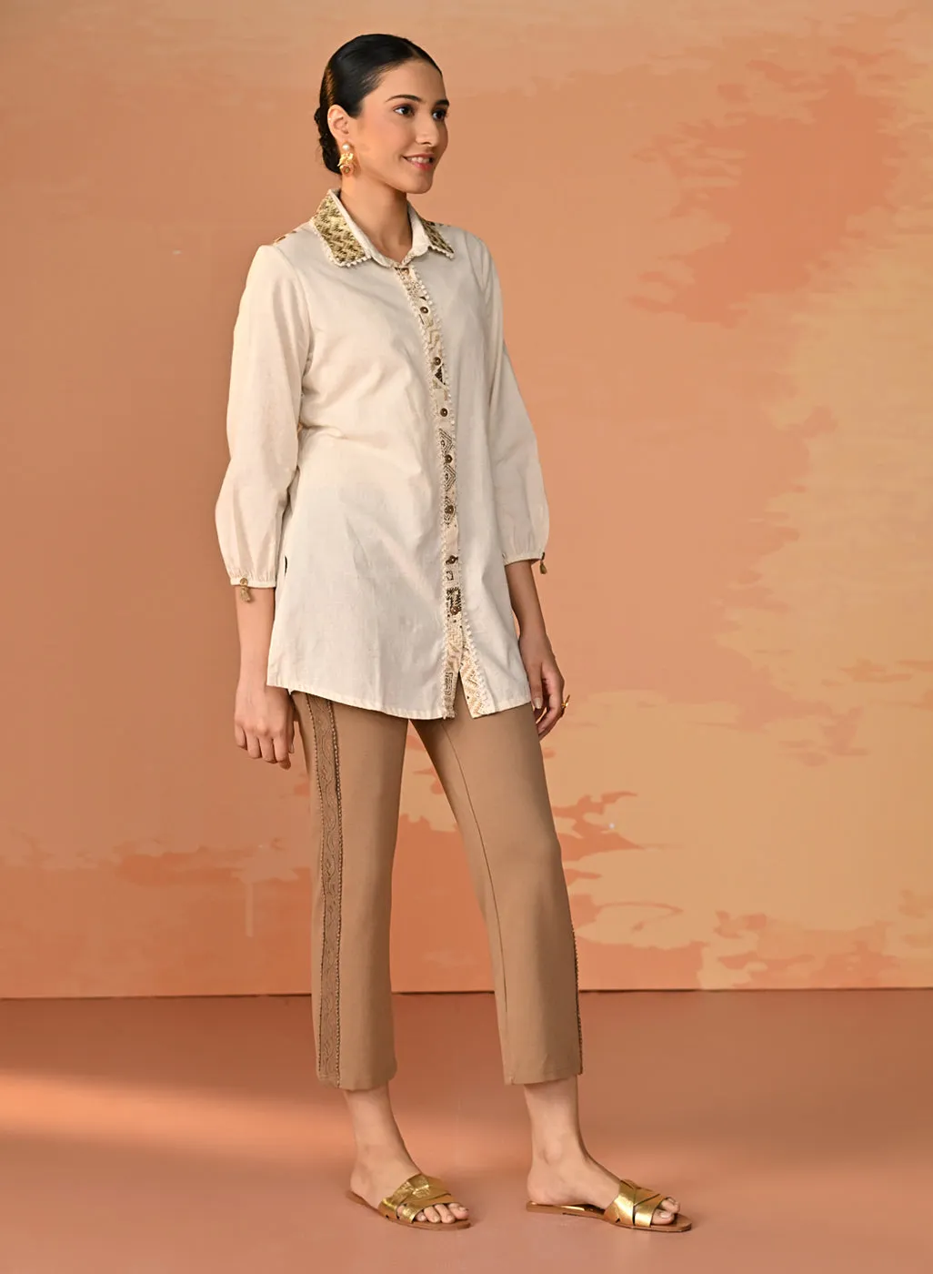 Gursheen Olive Embroidered Khadi Cotton Shirt for Women