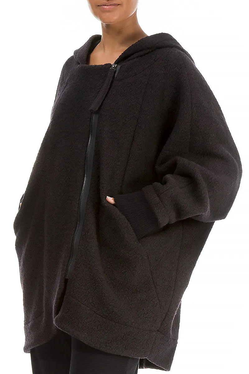 Hooded Dark Chocolate Plush Wool Cotton Zip Jacket