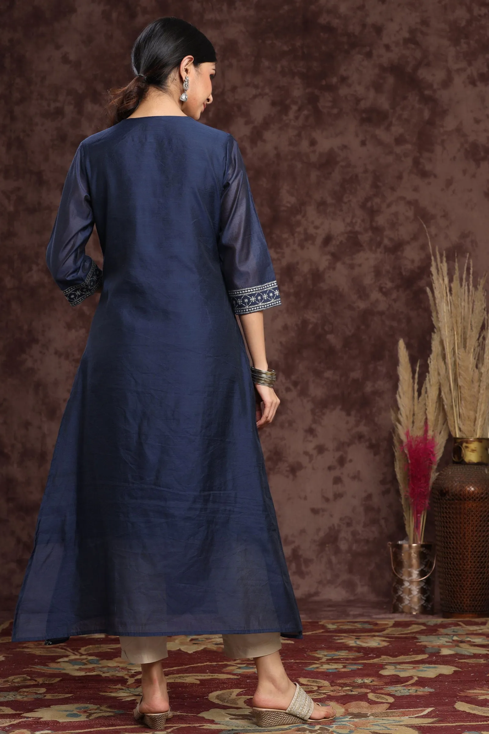 Indigo Floral Printed Chanderi A-line Kurta