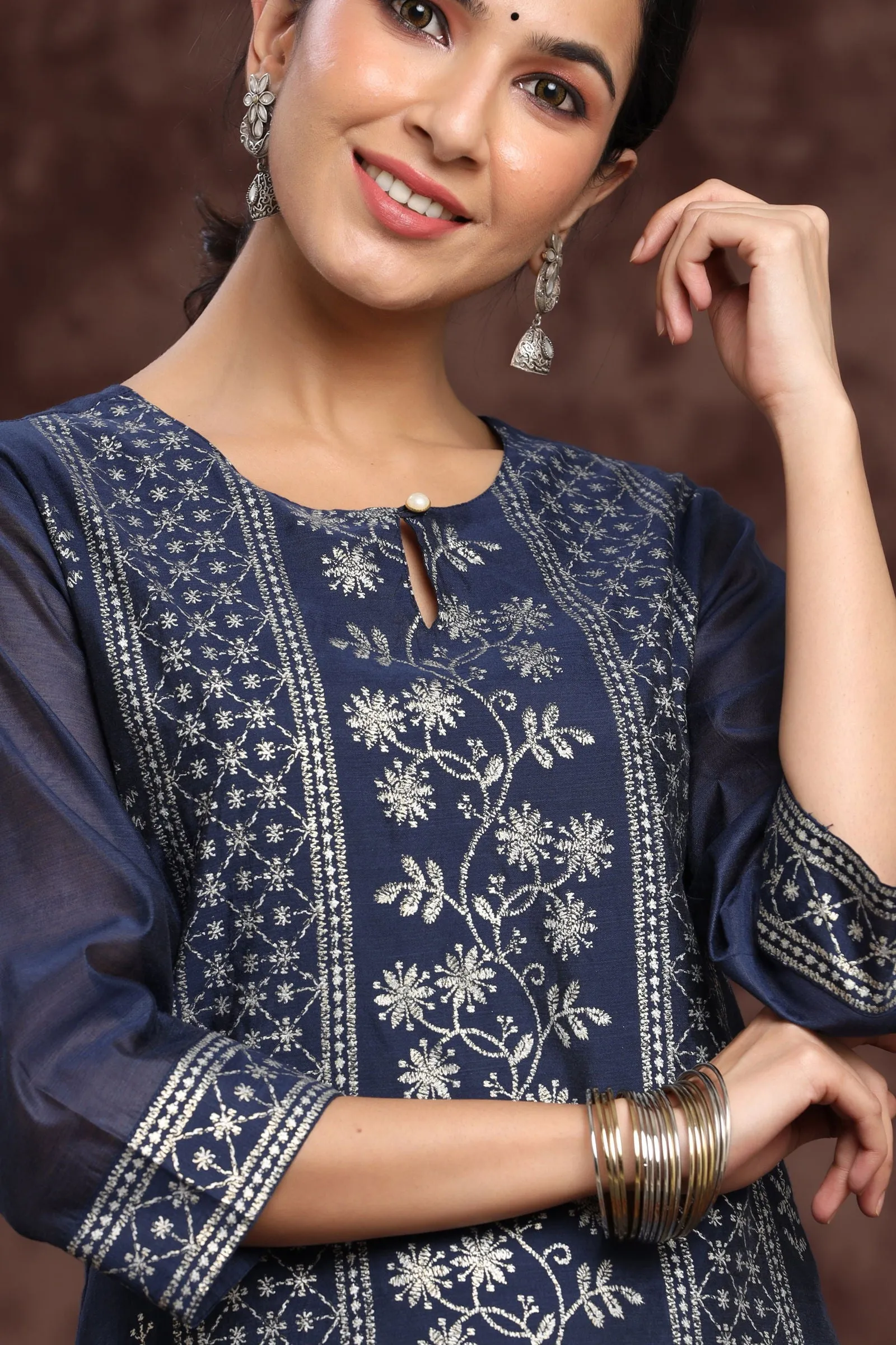 Indigo Floral Printed Chanderi A-line Kurta