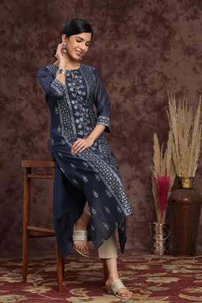 Indigo Floral Printed Chanderi A-line Kurta