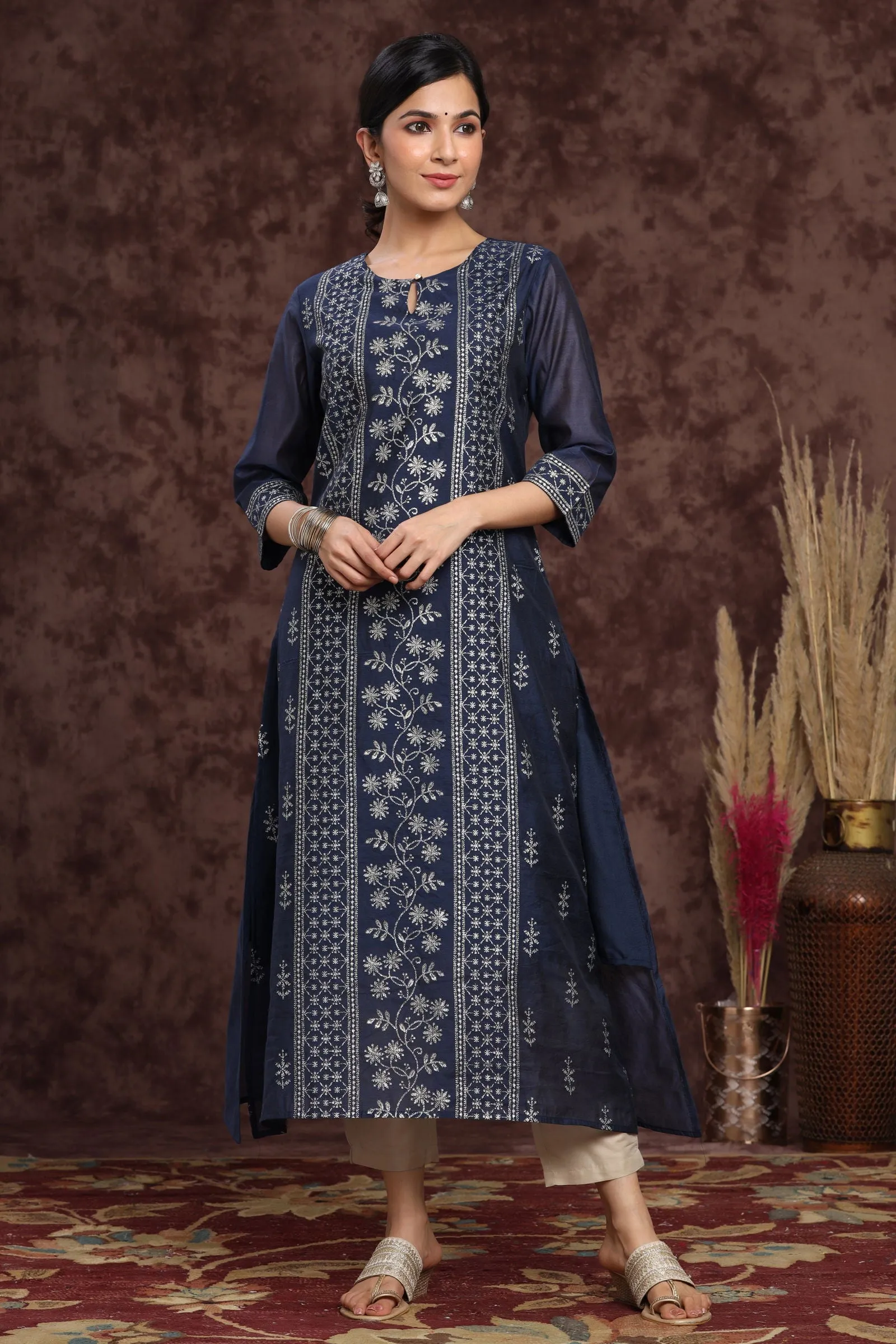 Indigo Floral Printed Chanderi A-line Kurta