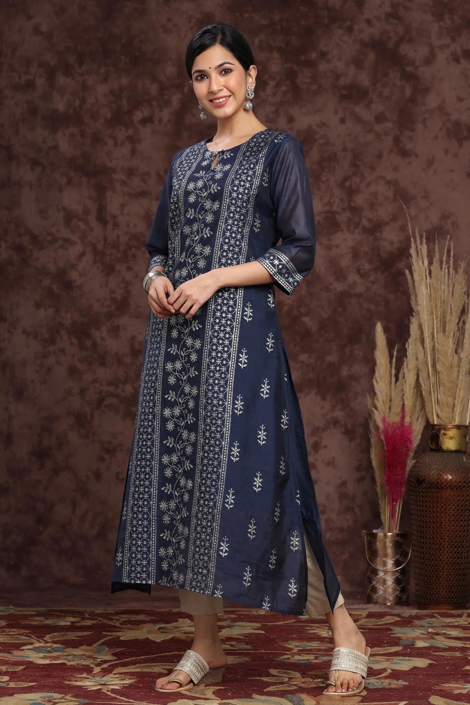 Indigo Floral Printed Chanderi A-line Kurta