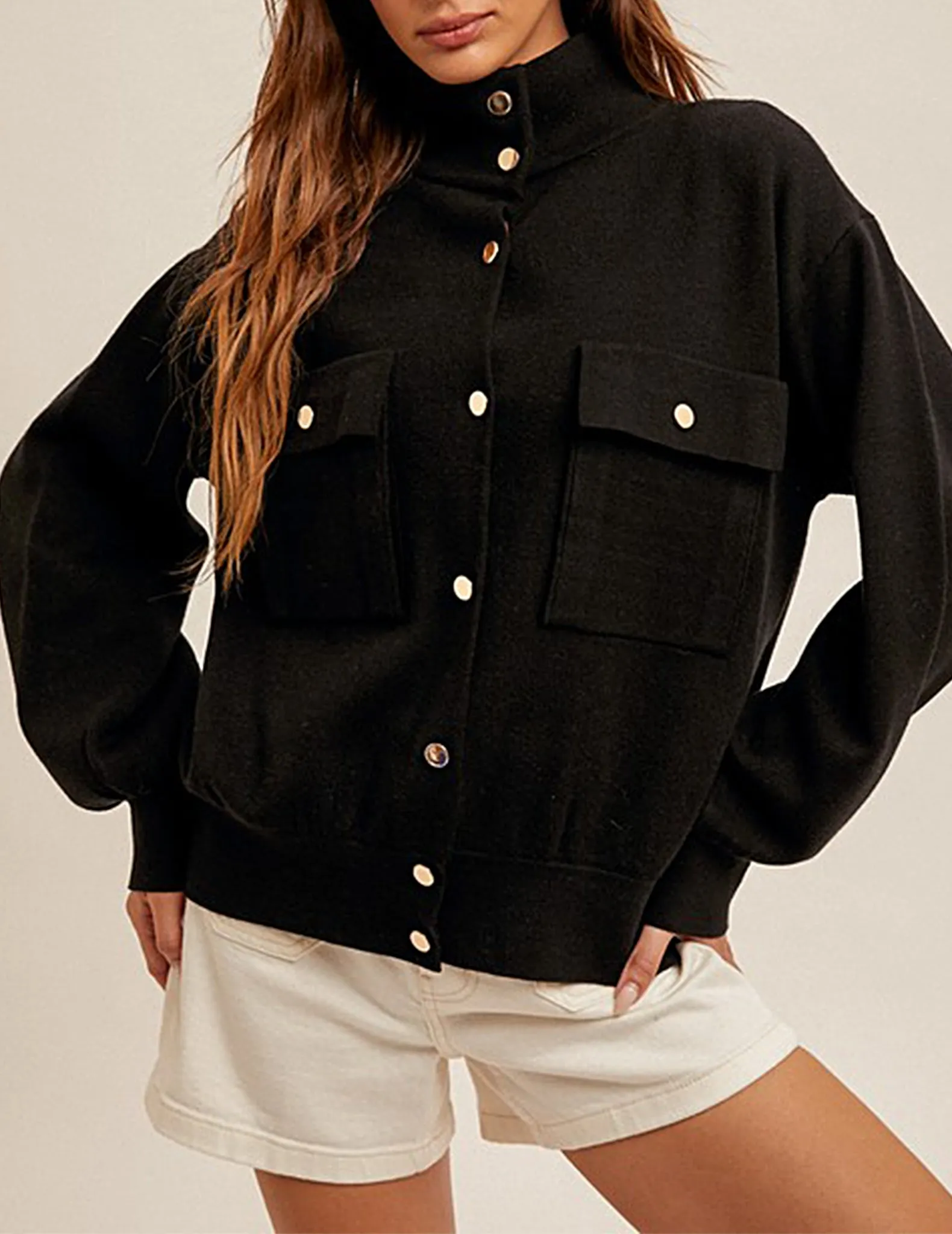 Jane Buttoned Knit Bomber Sweater