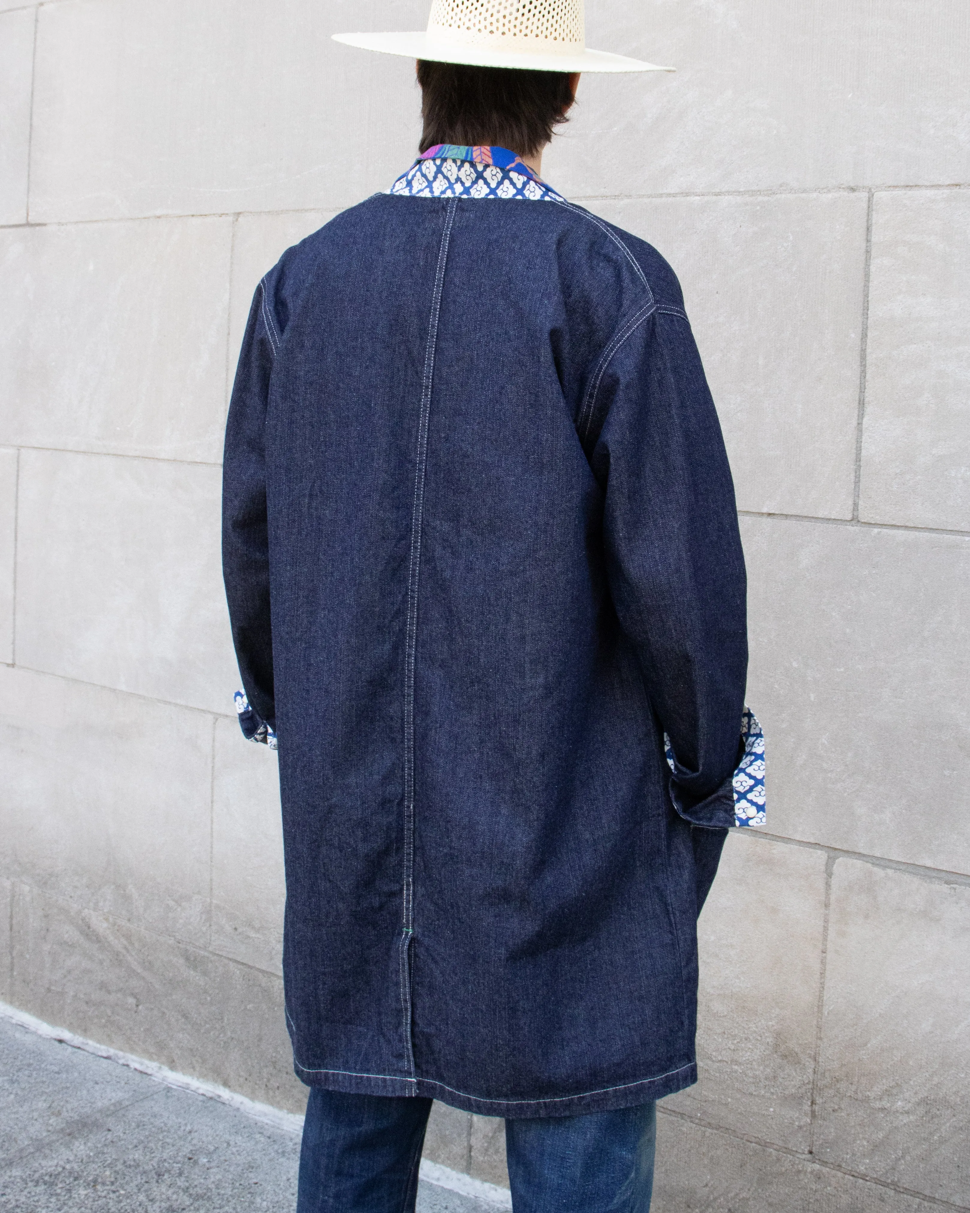 Japanese Repro Chore Coat Coverall Happi Jacket, Eternal Brand, Denim with Blue Kumo Contrast - LL