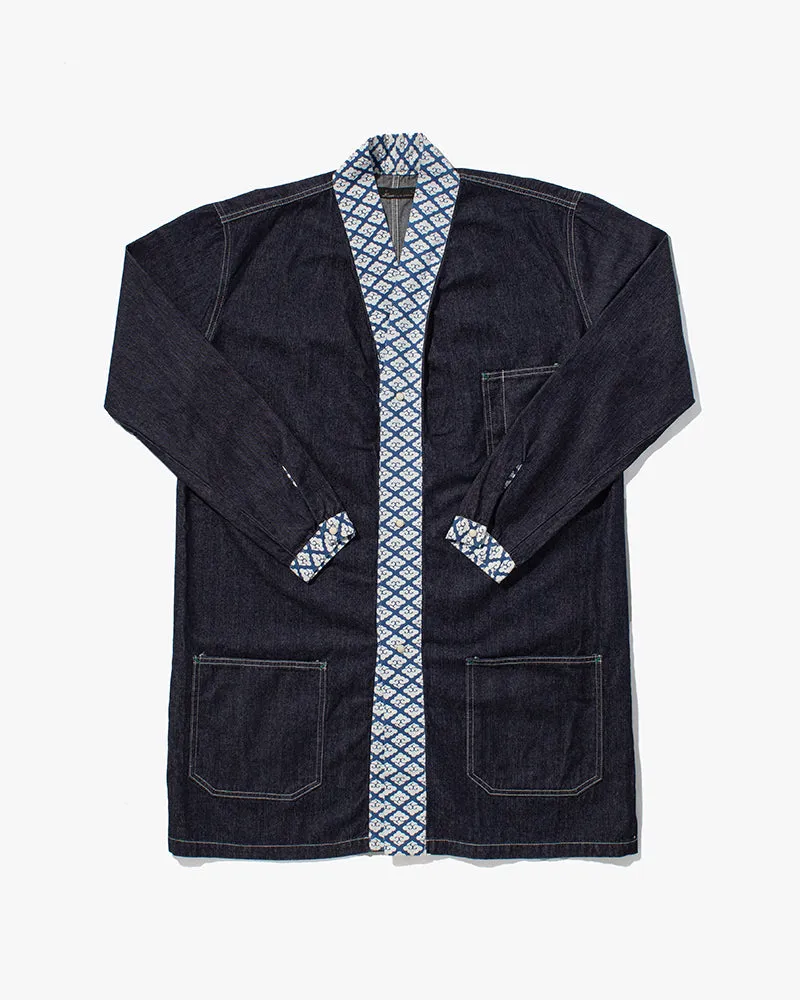 Japanese Repro Chore Coat Coverall Happi Jacket, Eternal Brand, Denim with Blue Kumo Contrast - LL