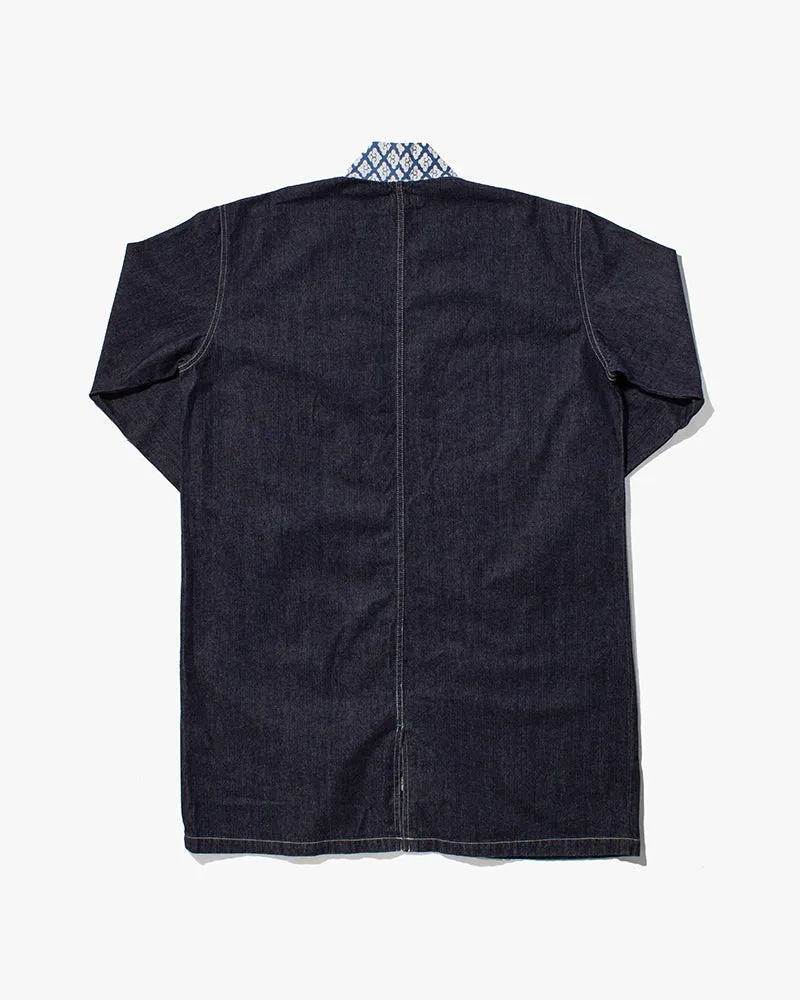 Japanese Repro Chore Coat Coverall Happi Jacket, Eternal Brand, Denim with Blue Kumo Contrast - LL