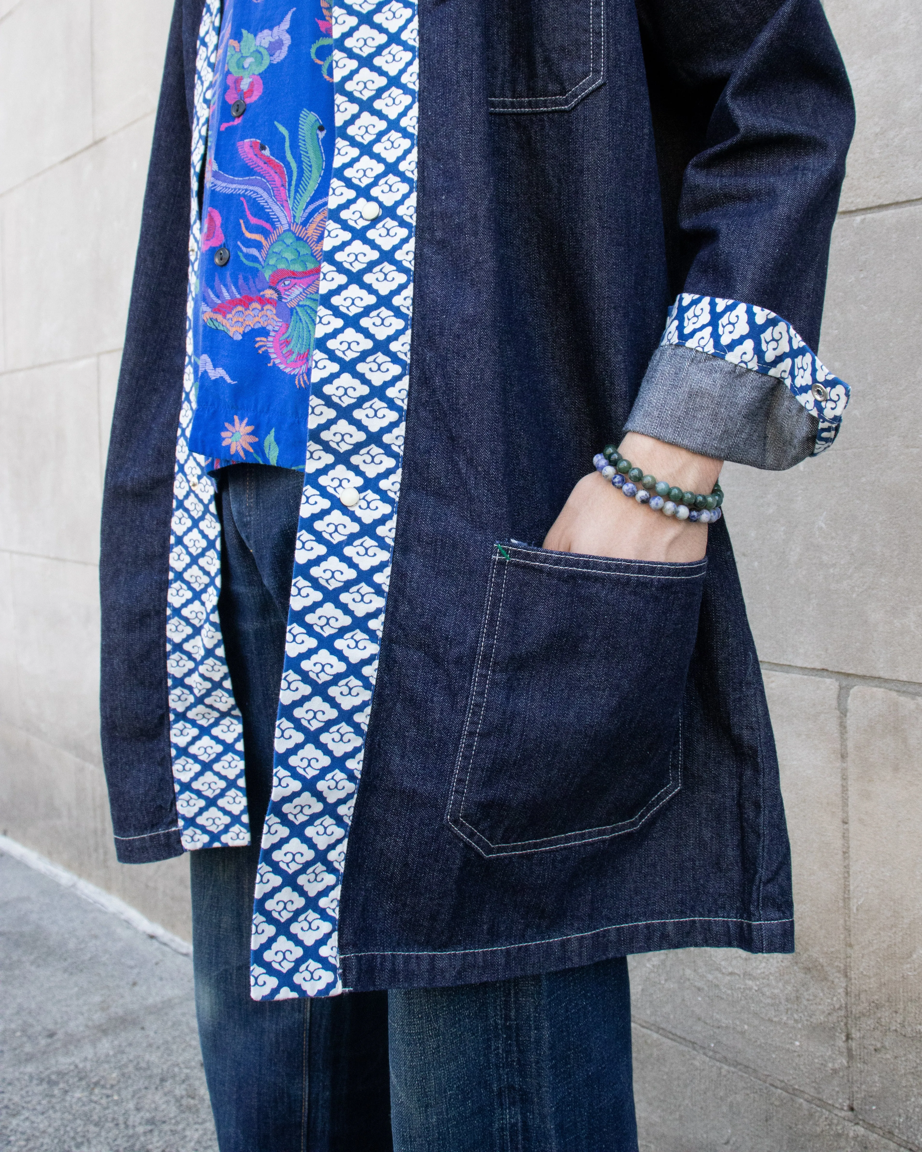 Japanese Repro Chore Coat Coverall Happi Jacket, Eternal Brand, Denim with Blue Kumo Contrast - LL