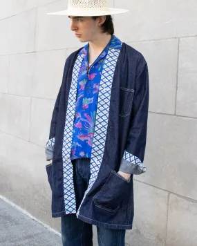 Japanese Repro Chore Coat Coverall Happi Jacket, Eternal Brand, Denim with Blue Kumo Contrast - LL