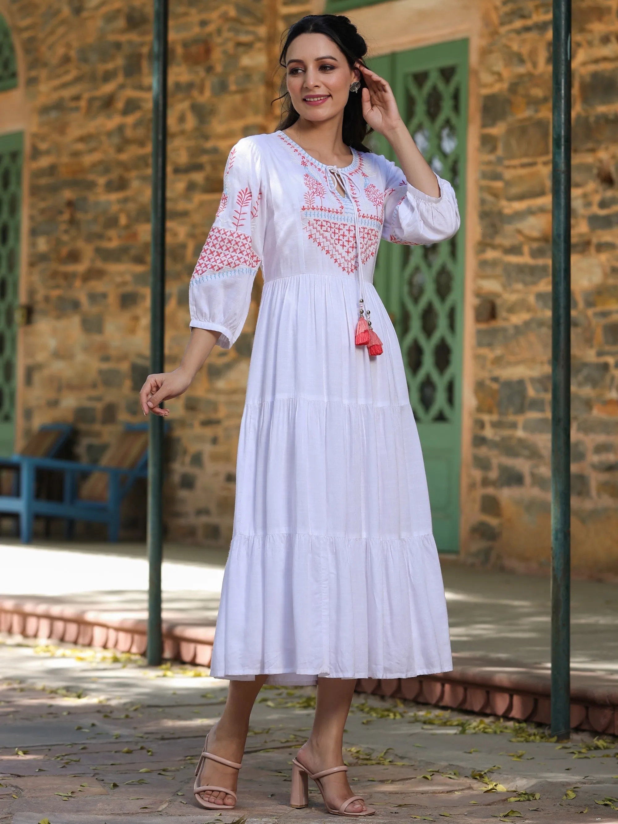 Juniper White Ethnic Motif Printed Rayon Slub Flared Dress With Thread Embroidery