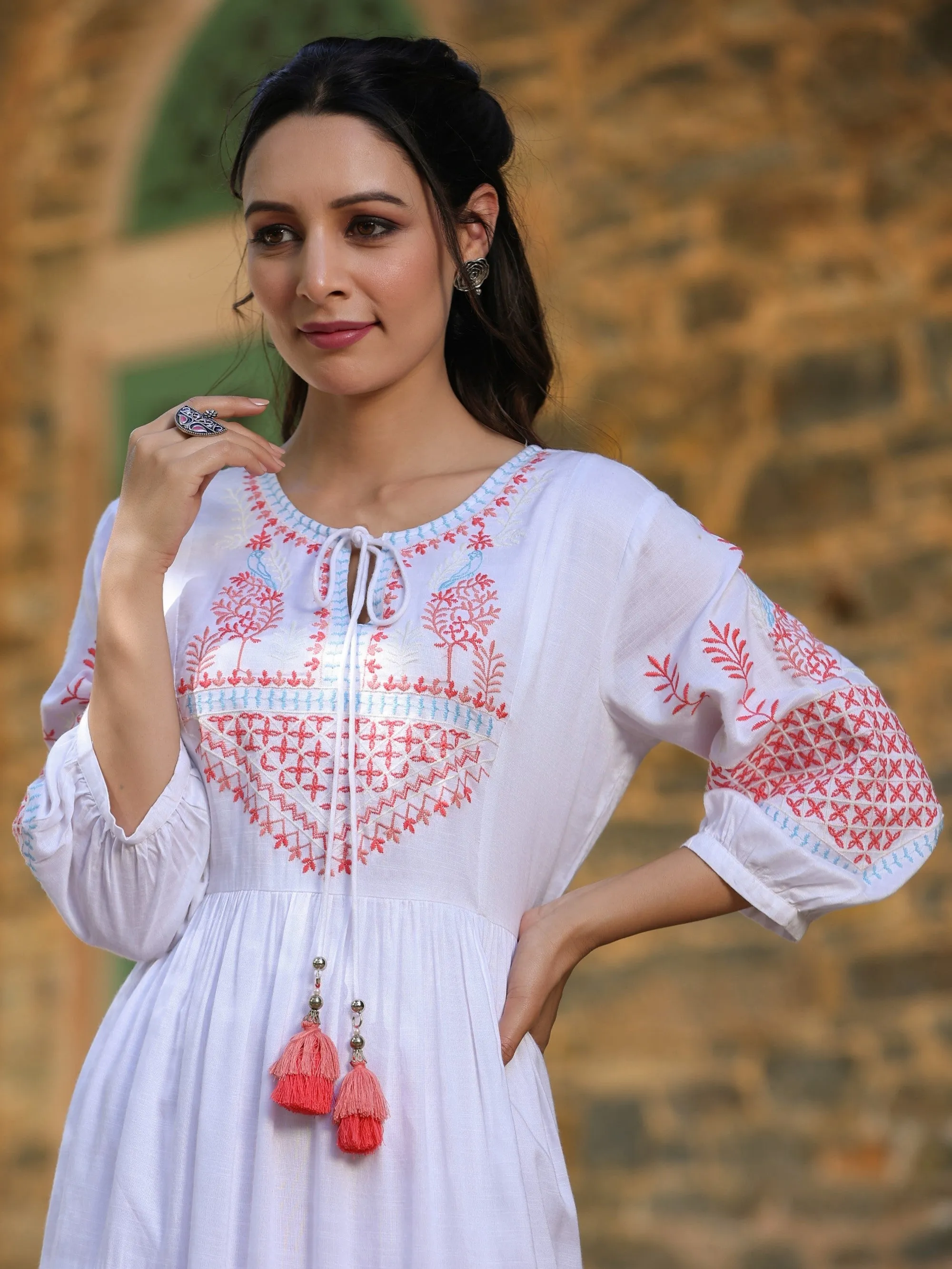 Juniper White Ethnic Motif Printed Rayon Slub Flared Dress With Thread Embroidery