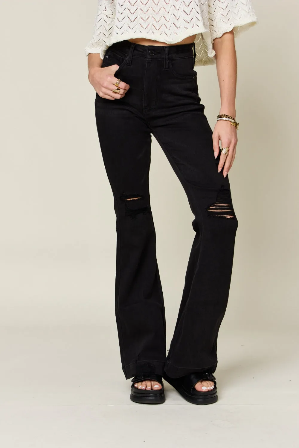 Just BE. Judy Blue High Waist Distressed Flare Jeans ~ Black