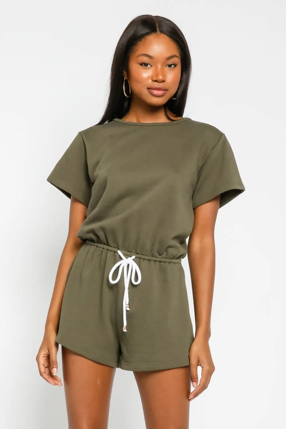 KEYHOLE BACK DRAWSTRING ROMPER | OLIVE