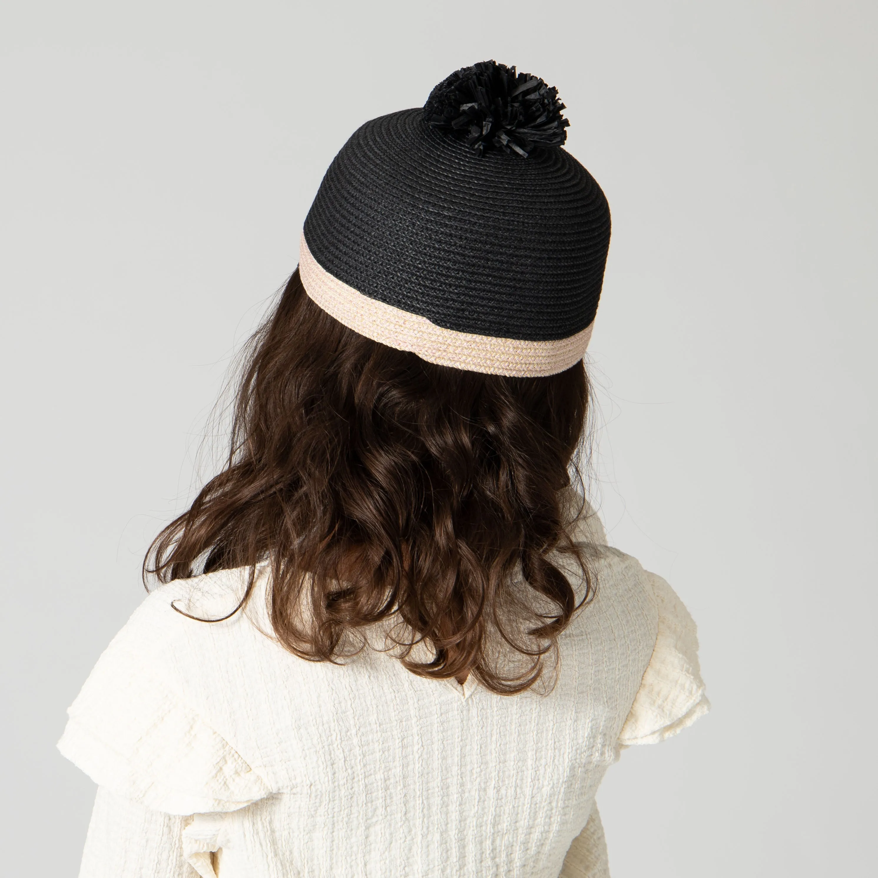 Kid Paper Braid Cap Beret w/ Straw Pom Pom