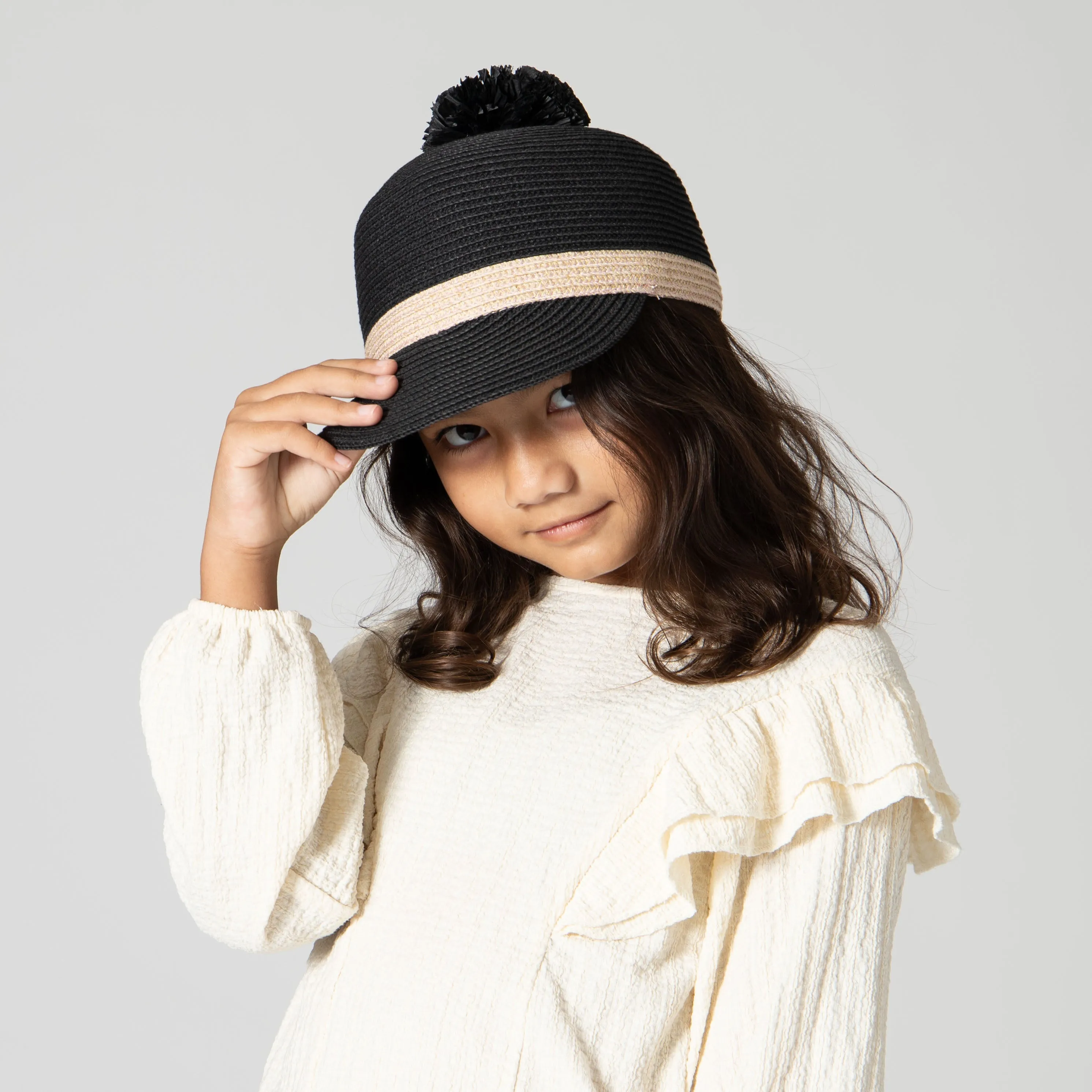 Kid Paper Braid Cap Beret w/ Straw Pom Pom