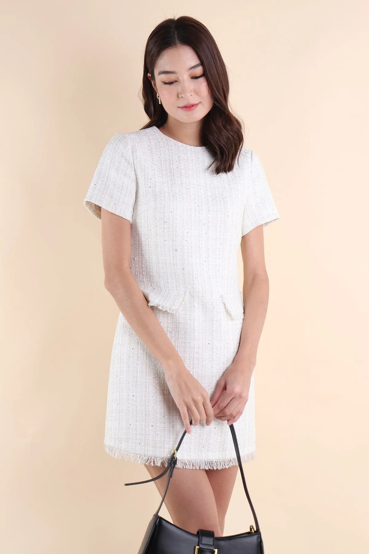 LEIGH TWEED SHIFT DRESS IN WHITE