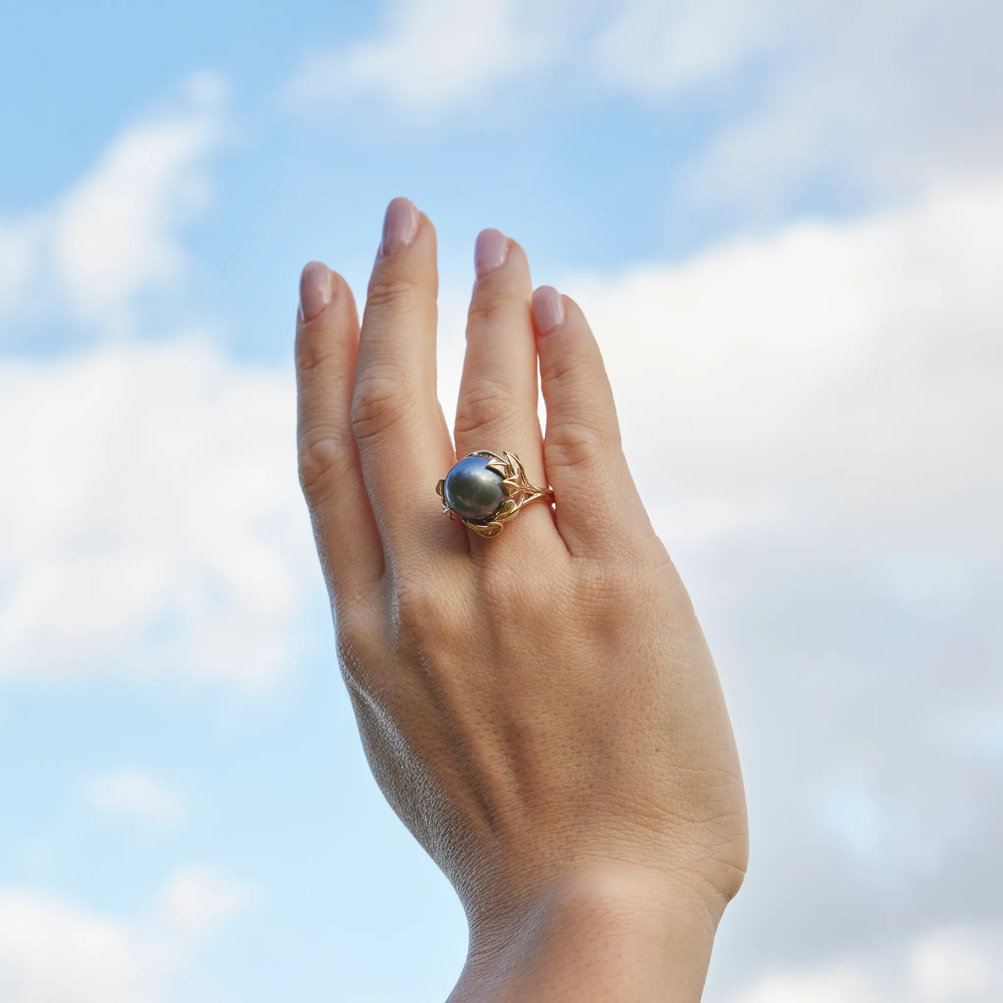 Maile Leaf Tahitian Black Pearl Ring in Gold - 12-13mm