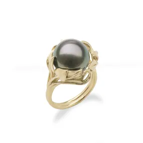 Maile Leaf Tahitian Black Pearl Ring in Gold - 12-13mm