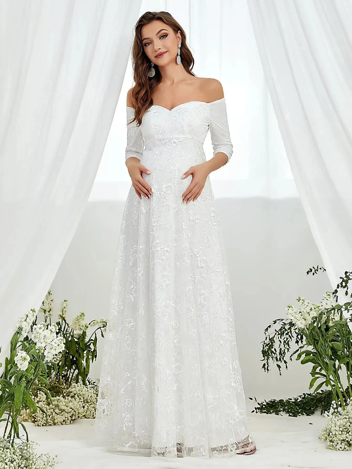 Maternity Off Shoulder Embroidered Mesh Wedding Dress