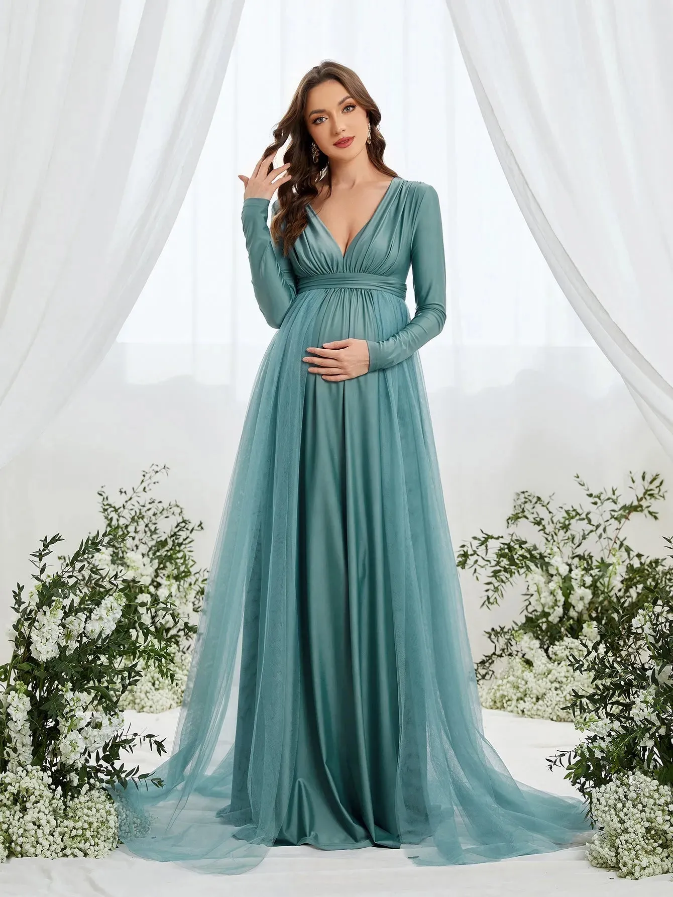 Maternity Plunging Neck Long Sleeve Contrast Mesh Formal Dress