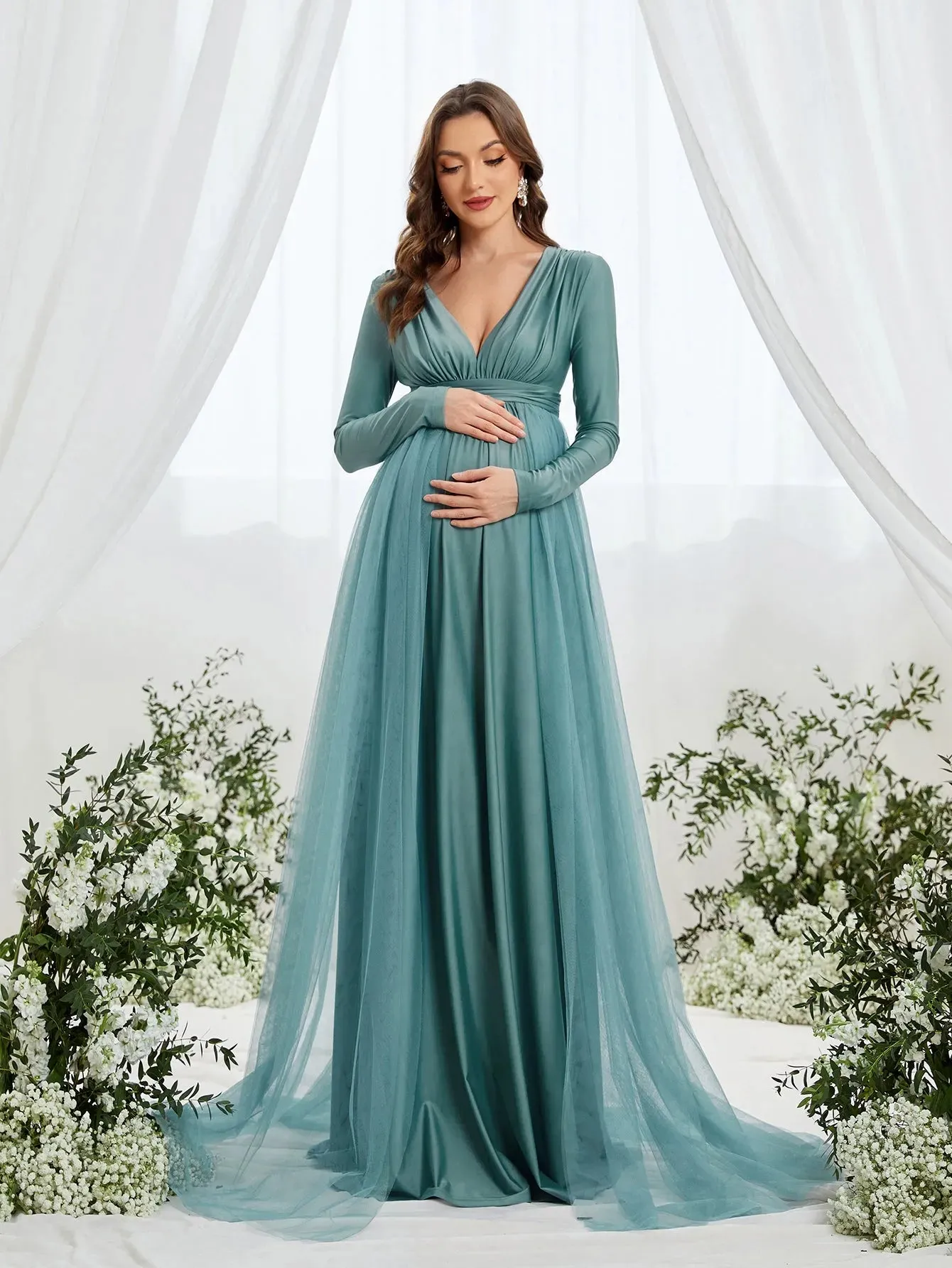 Maternity Plunging Neck Long Sleeve Contrast Mesh Formal Dress