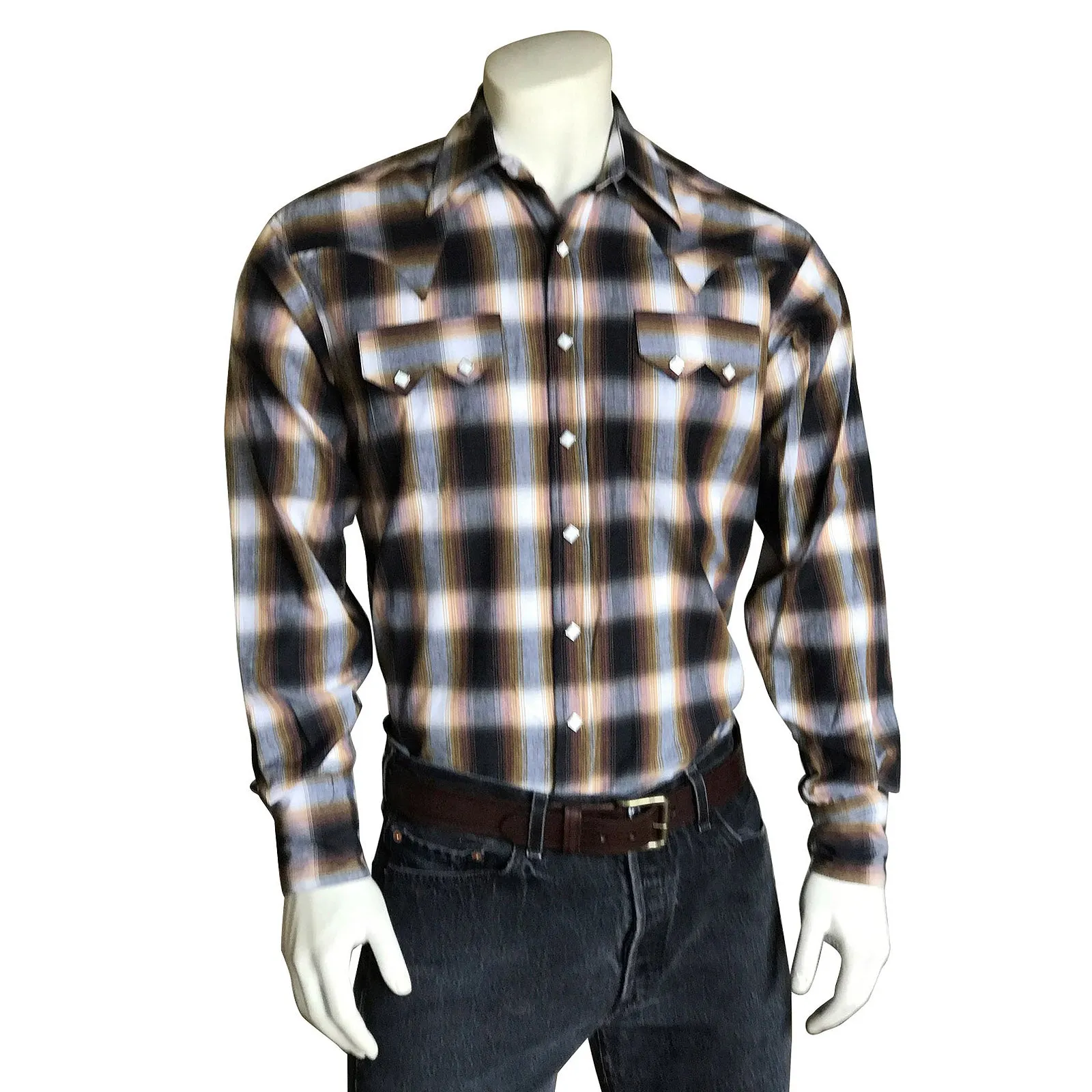 Men's Brown & White Shadow Plaid Western Shirt