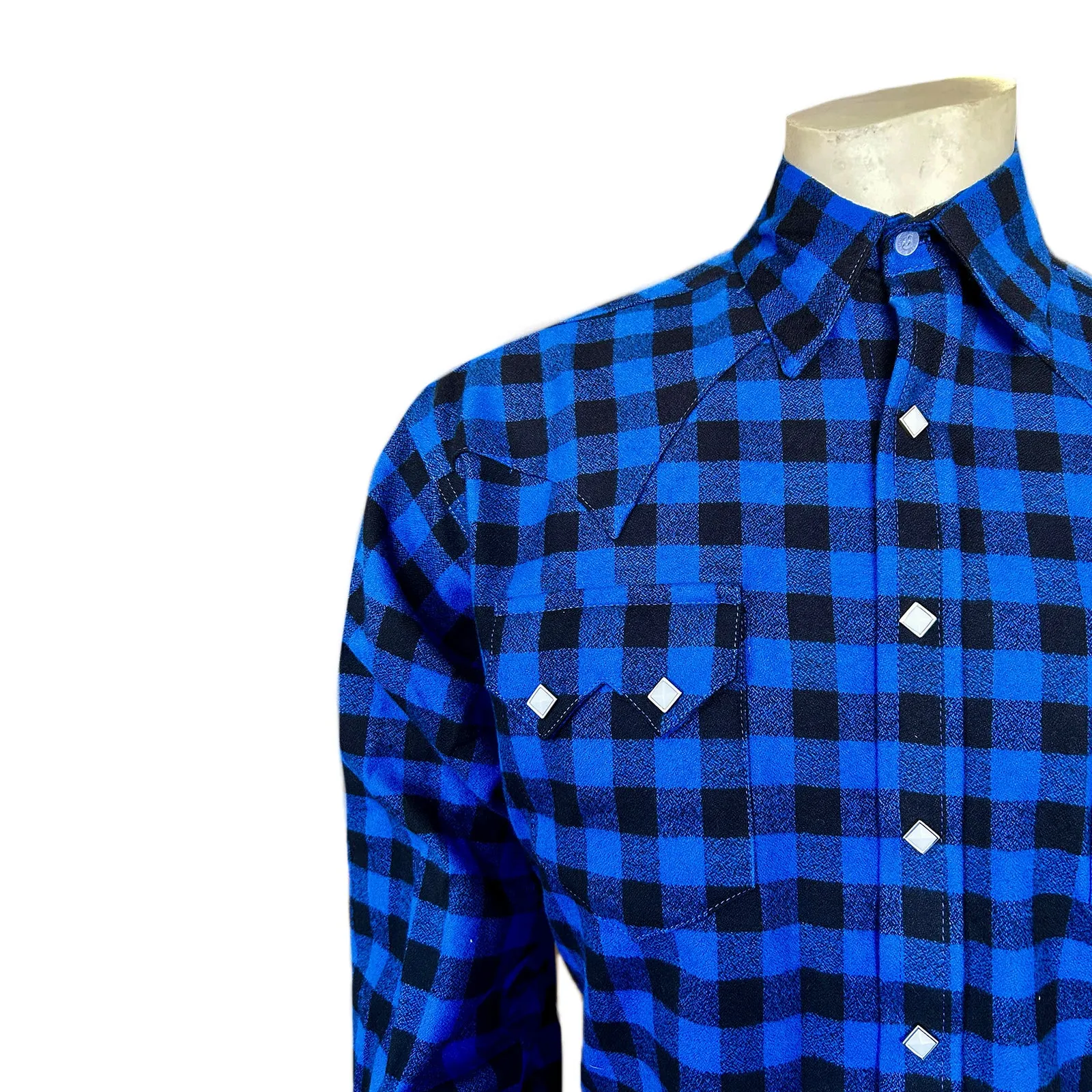 Men's Plush Flannel Blue & Black Buffalo Check Western Shirt