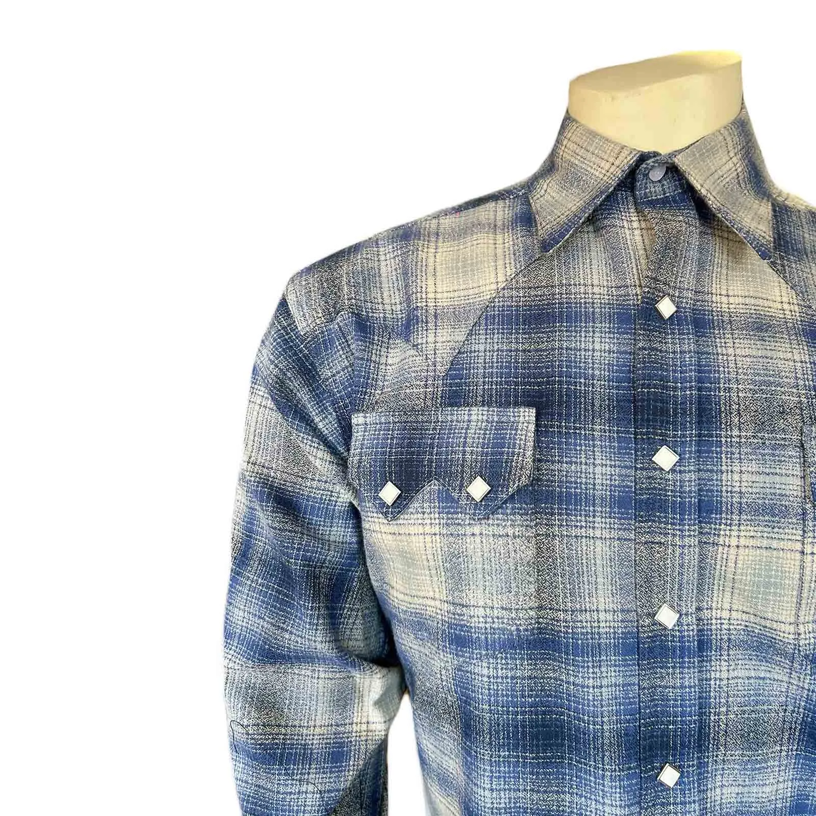 Men's Plush Flannel Blue & Grey Plaid Western Shirt