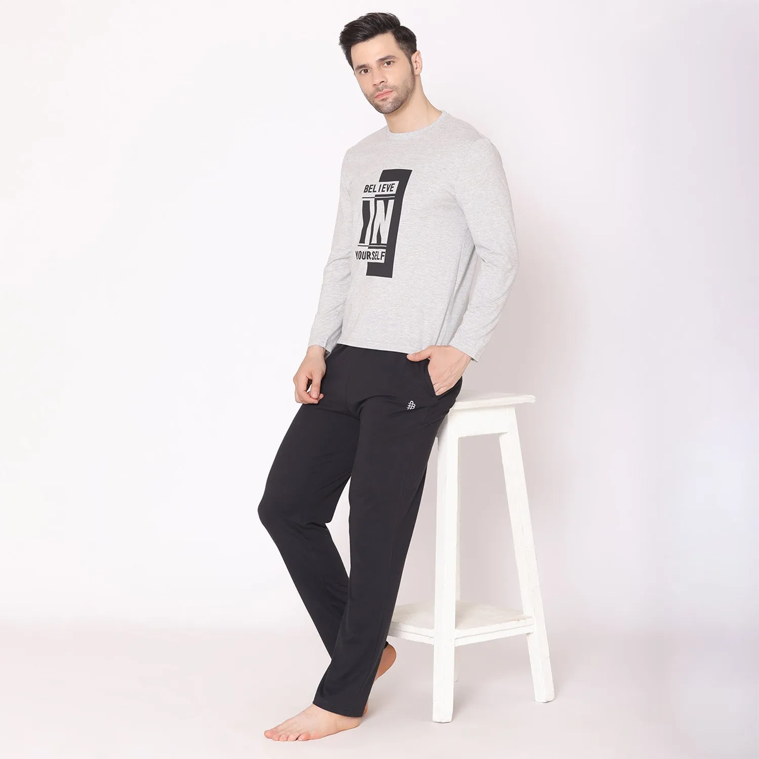 Men's Regular Fit Casual Lounge Wear / Nightwear Set - Light Grey