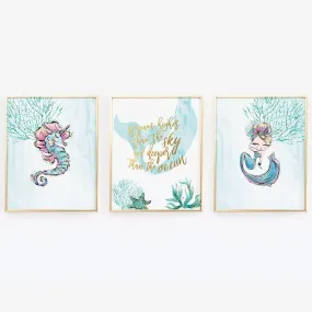 Mermaid Wall Art - Mermaid and Seahorse - Set of Three Prints