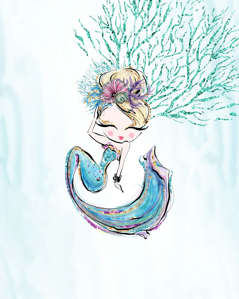 Mermaid Wall Art - Mermaid and Seahorse - Set of Three Prints