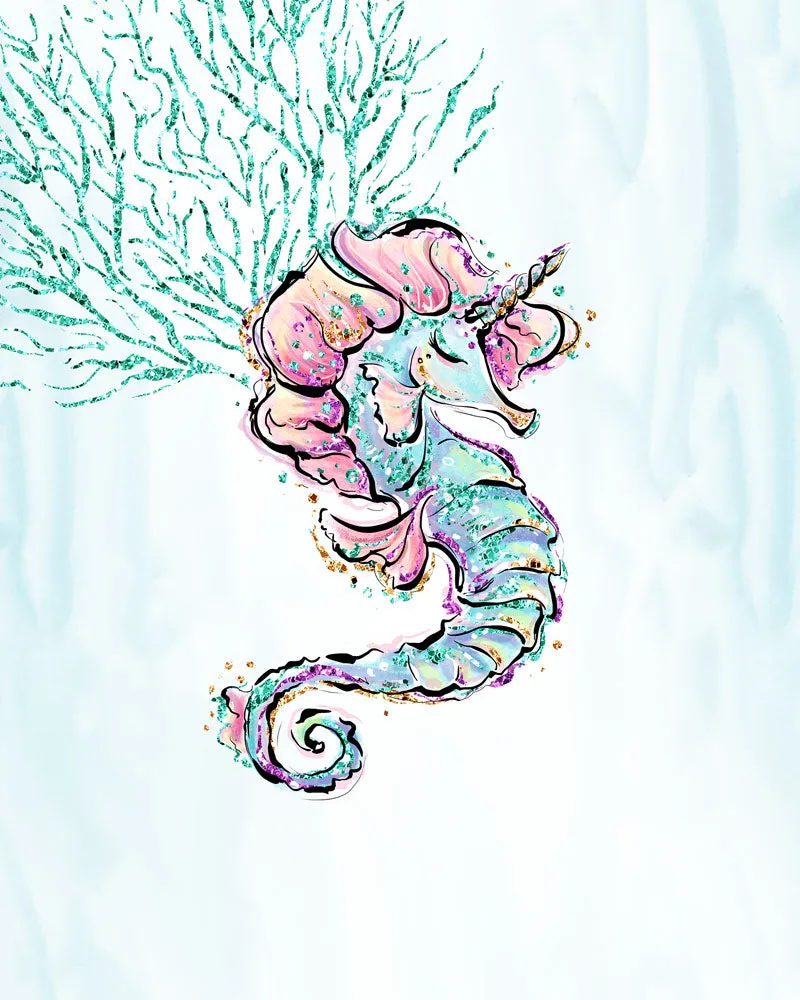 Mermaid Wall Art - Mermaid and Seahorse - Set of Three Prints