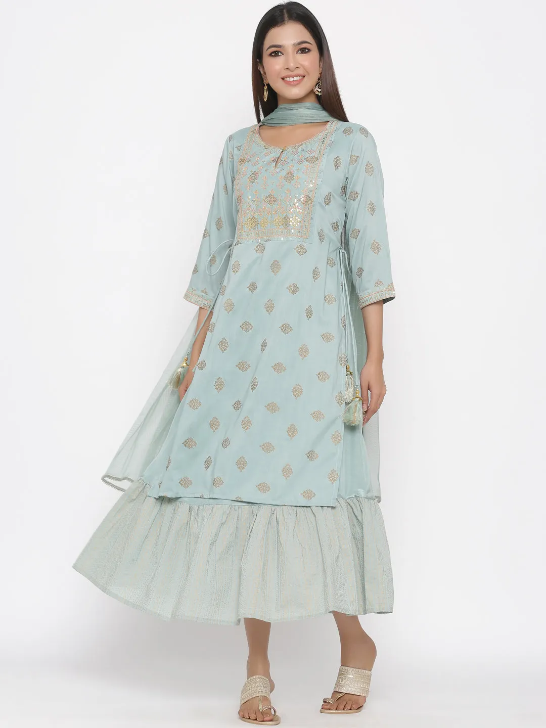 Mint Ethnic Motif Printed & Embroidered Muslin Kurta Palazzo & Net Dupatta Set