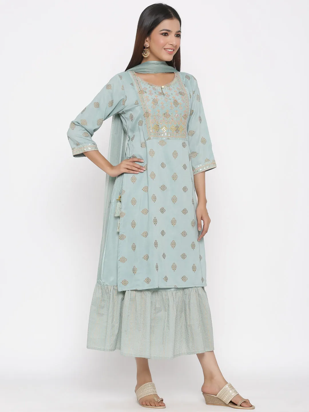 Mint Ethnic Motif Printed & Embroidered Muslin Kurta Palazzo & Net Dupatta Set