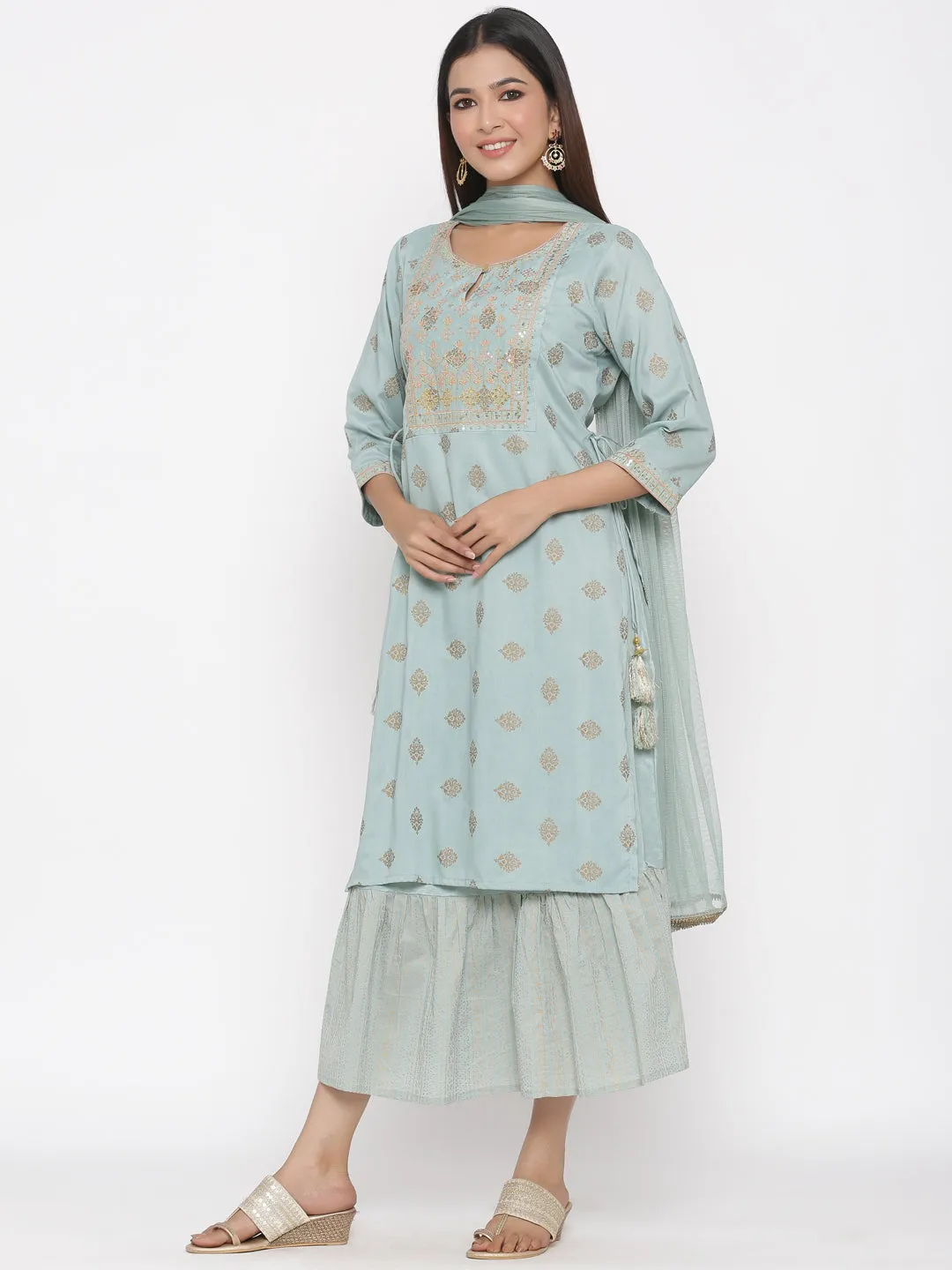 Mint Ethnic Motif Printed & Embroidered Muslin Kurta Palazzo & Net Dupatta Set