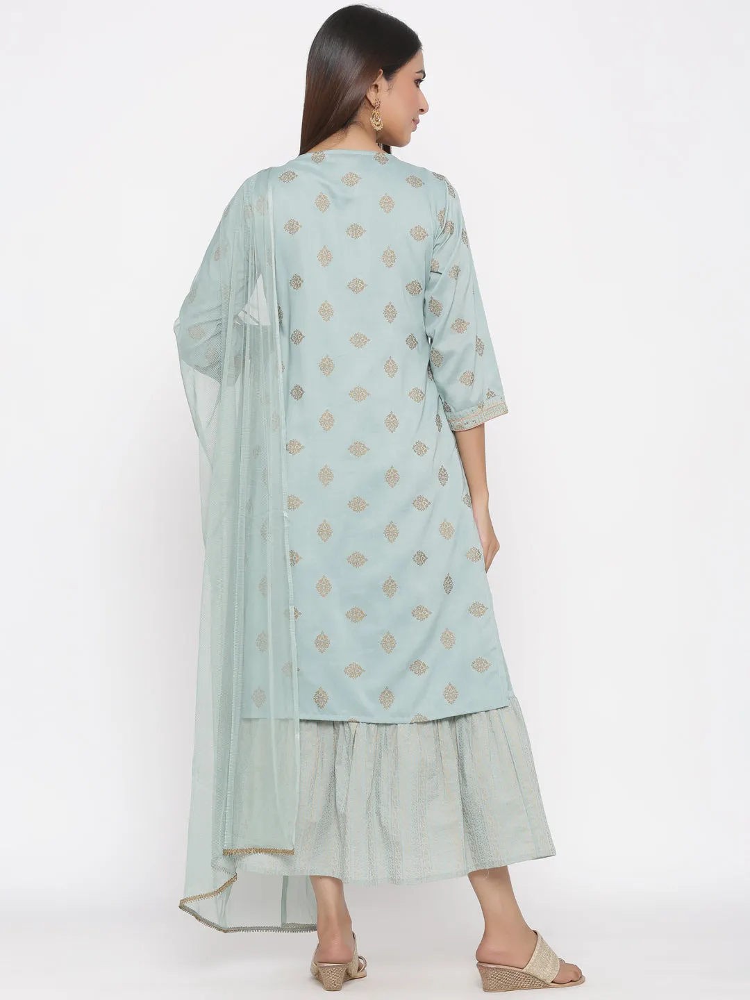 Mint Ethnic Motif Printed & Embroidered Muslin Kurta Palazzo & Net Dupatta Set