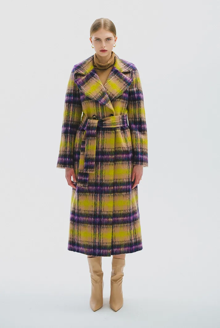 Multicolor Check Mohair Belted Coat