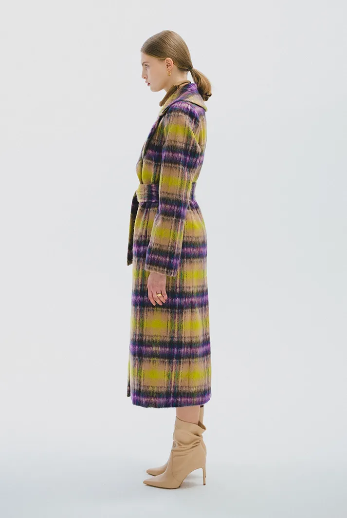 Multicolor Check Mohair Belted Coat