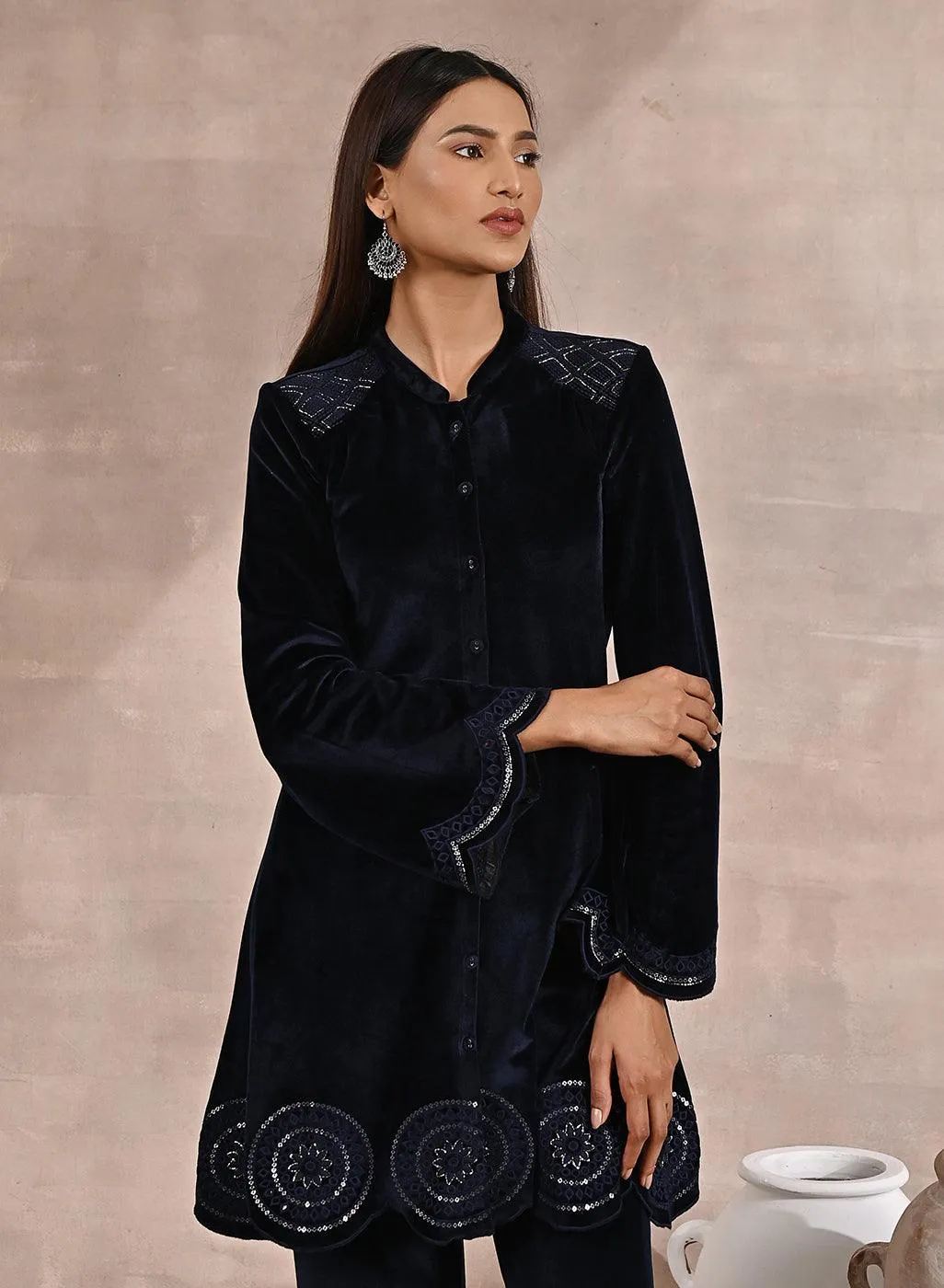 Navy Blue Velvet Tunic with Cut Work & Hand Embroidery