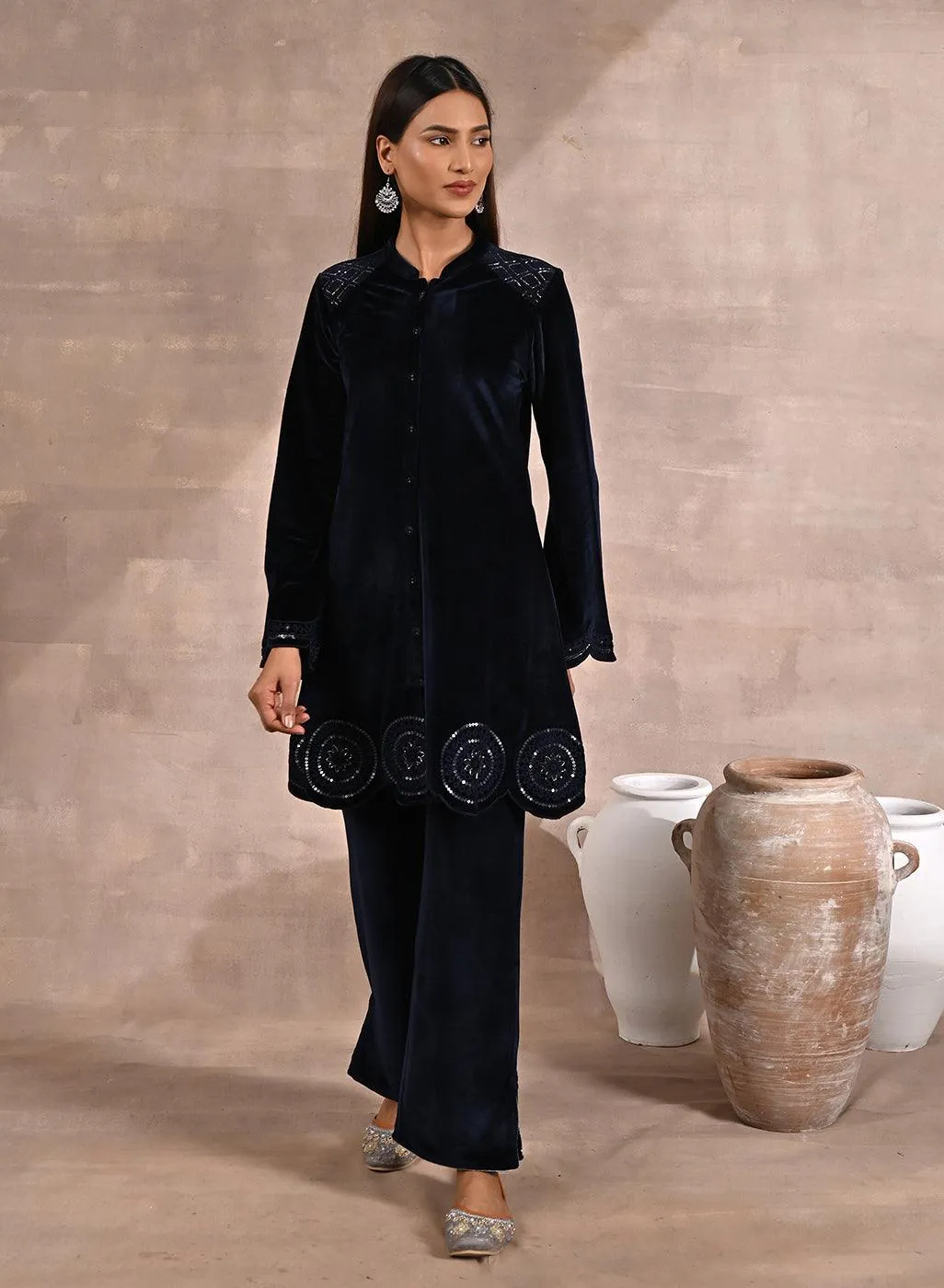 Navy Blue Velvet Tunic with Cut Work & Hand Embroidery